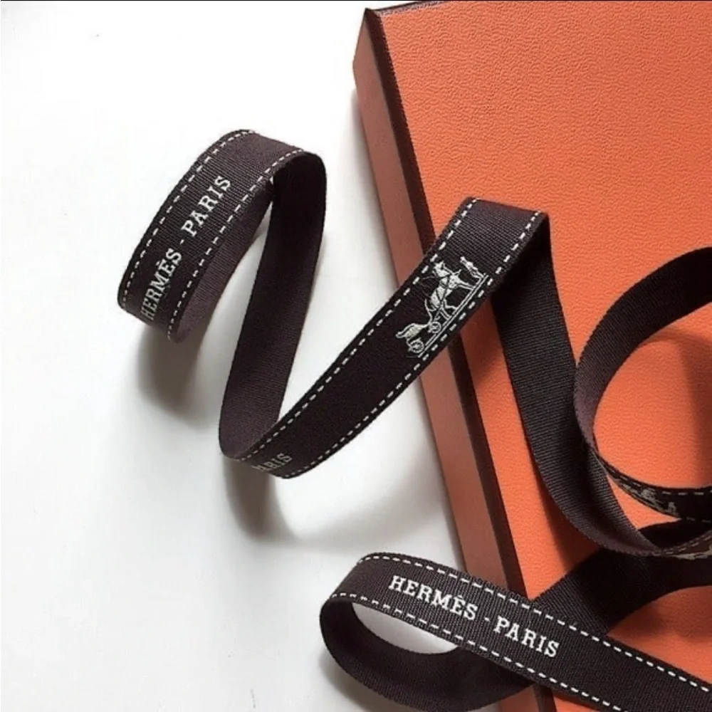 Hermes Paris Bolduc Ribbon Dark Brown White Logo Horse Carriage Authentic 1 Yard